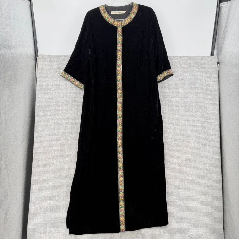 Vintage Sadie I Magnin Velvet Kaftan Robe Dress Women XL Embroidered‎ Boho Goth